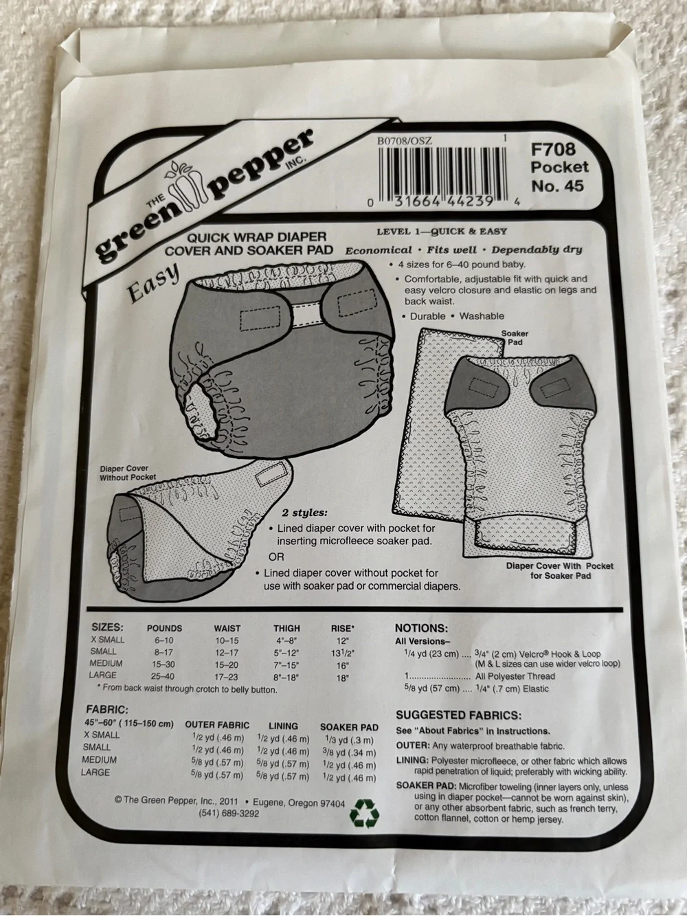 The Green Pepper Pattern F708 for Quick Wrap Diaper Cover and Soaker Pad